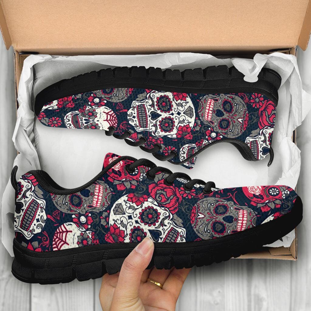 Sugar Skull Girly Skeleton Floral Pattern Print Black Sneaker Shoes For Men Women main image 1