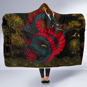 Chinese Dragon Rose Pattern Print Hooded Blanket