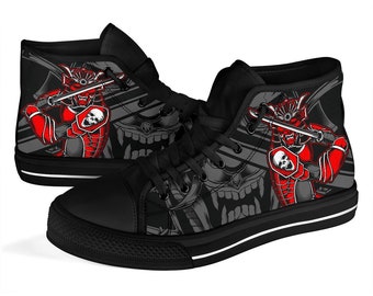 Samurai Skull High Tops for Women, Canvas Shoes for Men, Black Custom Sneakers, Gift for Samurai Lover, Custom High Tops Unique Design