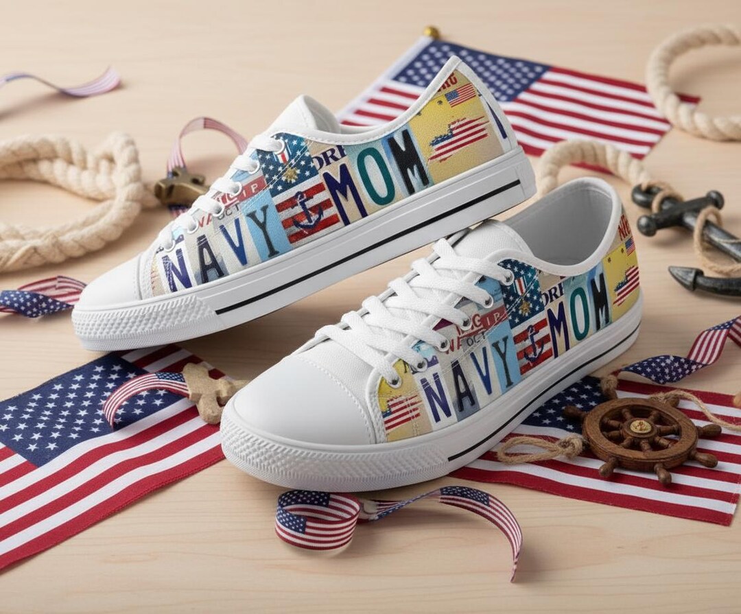Navy Mom Canvas Shoes: Custom License Plate Low Top Sneakers Gift