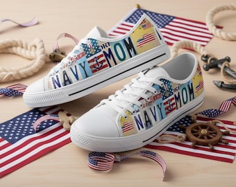 Navy Mom Canvas Shoes: Custom License Plate Low Top Sneakers Gift
