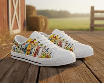 Farm Girl Sneakers – Rustic License Plate Shoes, Country Cowgirl Canvas Low Top, Farm Life Gift for Women