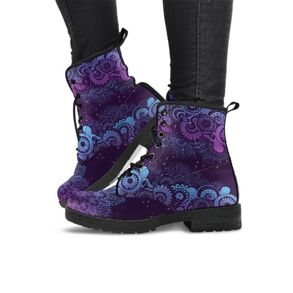 Purple Paisley Mandala Femmes Bottes en cuir végétalien pour femmes, combat style cadeau pour femme fille, bottes en cuir sur mesure Boho Boots