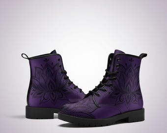 Lotus Mandala Purple Vegan Leather Combat, Custom Ankle Boots