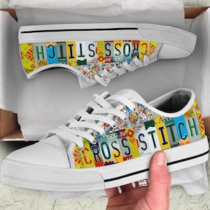 Cross Stitch License Plate Canvas Shoes: Custom Low Top Sneakers image 5