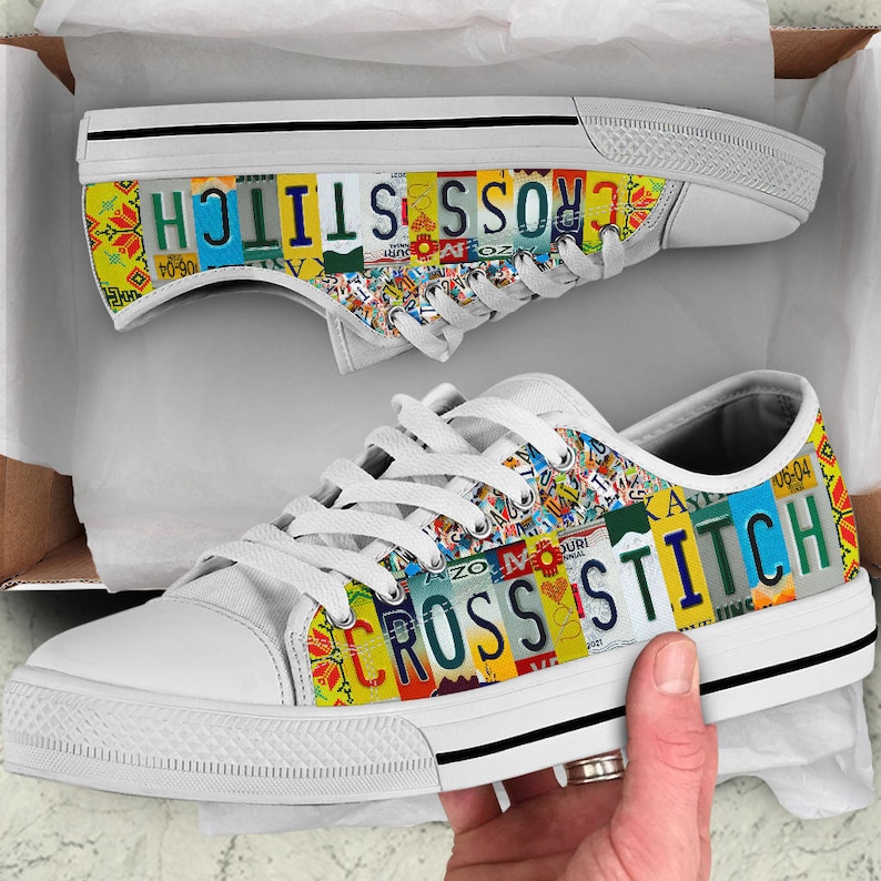 Cross Stitch License Plate Canvas Shoes: Custom Low Top Sneakers image 5