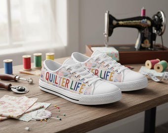 Custom Quilter Life Shoes | Personalized License Plate Sneakers | Sewing Lover Gift & Handmade Style Footwear