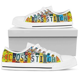 Cross Stitch License Plate Canvas Shoes: Custom Low Top Sneakers image 3