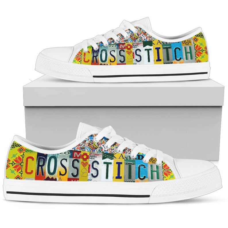 Cross Stitch License Plate Canvas Shoes: Custom Low Top Sneakers image 3