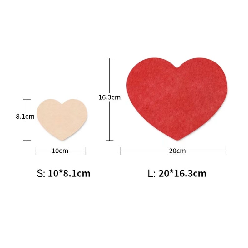 May include: Two felt heart shapes, one red and one beige, with measurements in centimeters. The red heart is 20 cm wide and 16.3 cm tall. The beige heart is 10 cm wide and 8.1 cm tall. The text "S: 10*8.1cm" and "L: 20*16.3cm" is below the hearts.