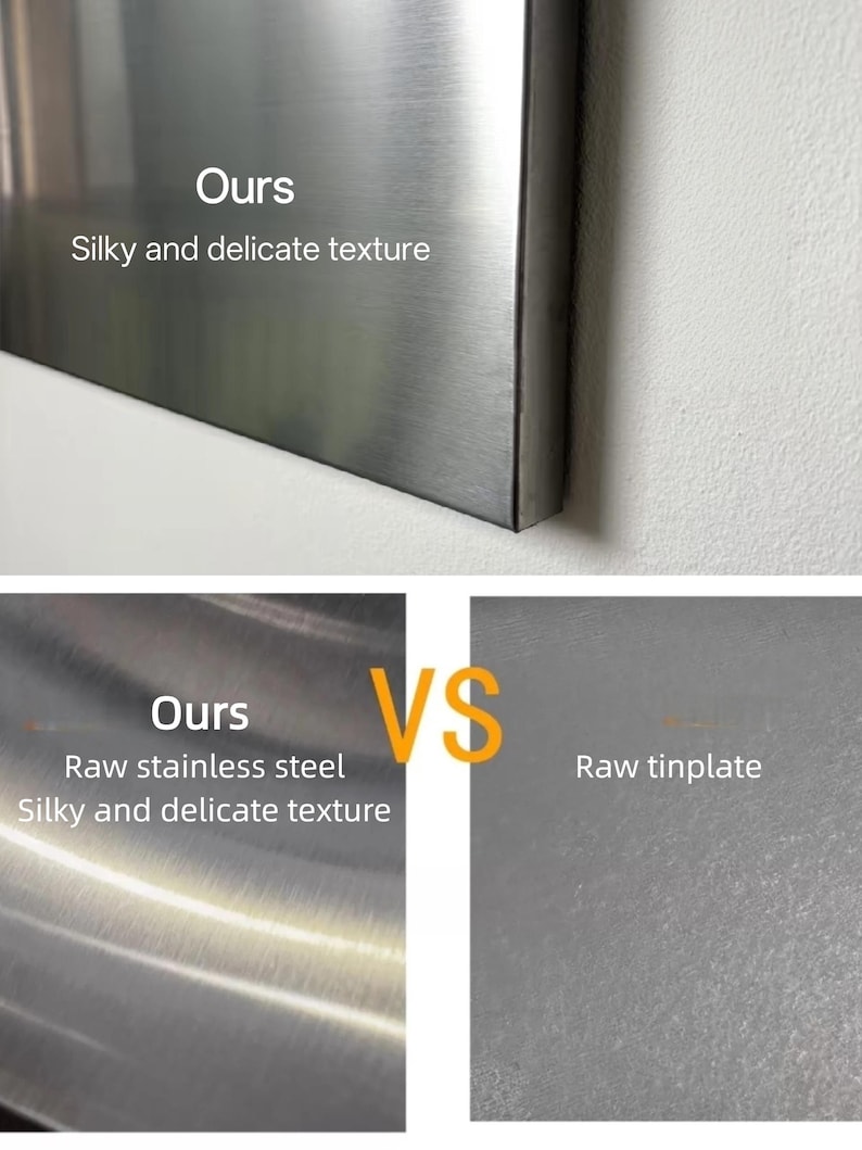 Puede incluir: Una imagen comparativa que muestra una superficie met&aacute;lica etiquetada como Ours con el texto Silky and delicate texture, junto a una vista comparativa de acero inoxidable crudo y hojalata cruda, con el texto Ours Raw stainless steel VS Raw tinplate.