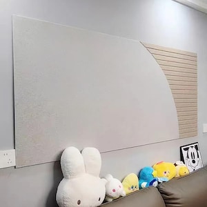 May include: A grey wall with a white and brown geometric design. The wall is decorated with a row of plush toys, including a white bunny, a white bear, a yellow chick, a blue bird, and a brown bear. The text "Color #3+#2" is visible in the top left corner of the image.
