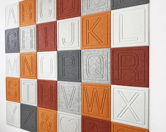 Decorative Polygon Sound Diffuser Panel of Letters,Pin Poard of Alphabets, Felt Wall Tiles,  Custom Wall Décor