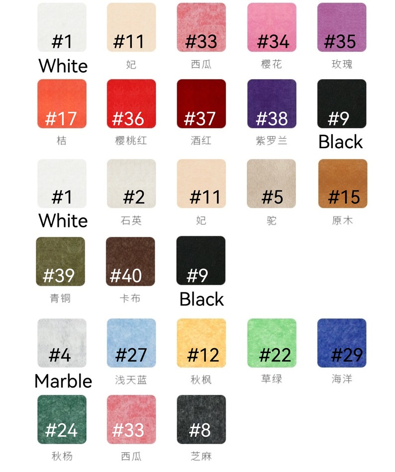 May include: A chart of 29 different colors with corresponding numbers and names. The colors are arranged in a grid pattern. The names are in English and Chinese.