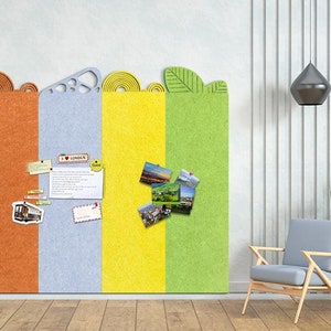 May include: A multi-colored felt board with a decorative border. The board is divided into four sections: orange, light blue, yellow, and green. The board has various items pinned to it, including photos, postcards, and notes. The board is mounted on a white wall.