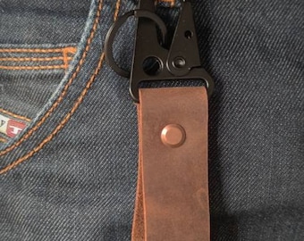 Rustic brown leather keychain with possible customization, carabiner keychain