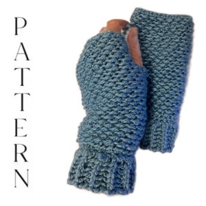 May include: A pair of blue fingerless gloves with a textured knit pattern. The gloves have a folded cuff at the wrist.