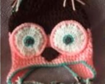 May include: A pink and brown crocheted owl hat with white and green accents. The hat has a long tie that can be tied under the chin.