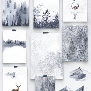 Winter Kerst aquarel achtergronden clipart kaart bos sneeuw berglandschap illustratie maan mist witte minimale textuur Digitale PNG