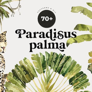 Colección de imágenes prediseñadas tropicales - Imágenes prediseñadas de acuarela - Animales salvajes tropicales - Palmeras - Patrones tropicales sin costuras - Impresión - PNG digital