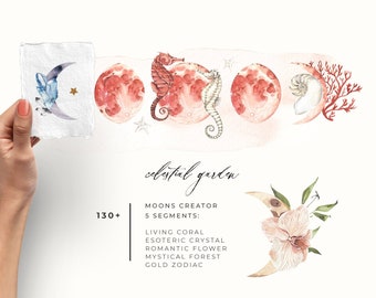 CELESTIAL GARDEN Moons watercolor design creator - Moon phases set Luna Lunar Spirit living coral mysterious collection Digital clipart PNG