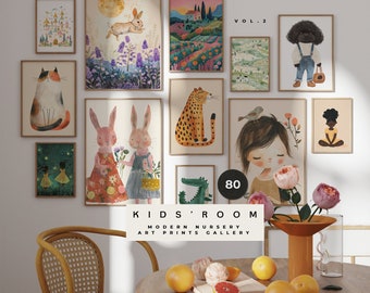 Kinderkamer muurkunstafdrukken - 80 kinderkamer muurafdrukken - Kleurrijk kinderkamerdecor - Kalme babyposters set - Galeriemuur - Digitale afdrukbare kunst