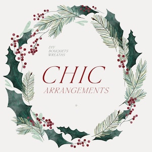 Watercolor Christmas Clipart - Christmas Floral Clipart PNG - Christmas Leaves png - Classic Holly Christmas - Red Christmas berries png