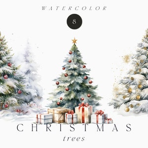 Clipart invernale ad acquerello - Albero di Natale ad acquerello - Clipart di Natale ad acquerello PNG - Albero di Natale decorato - Clipart Uso commerciale