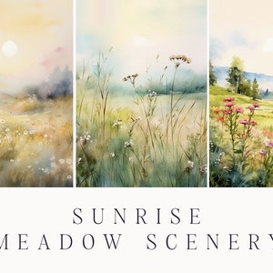 Watercolor Flowers clipart - Watercolor Sunrise meadow nature - Scenery background - Summer background - Field clipart - Digital papers set