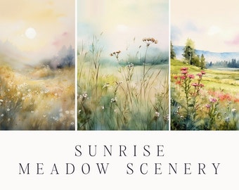 Watercolor Flowers clipart - Watercolor Sunrise meadow nature - Scenery background - Summer background - Field clipart - Digital papers set