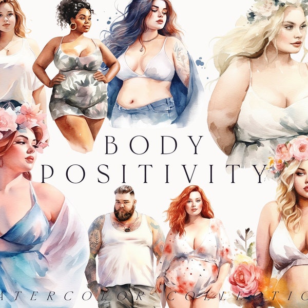 Imágenes prediseñadas de positividad corporal de acuarela - Cuerpo positivo - Mujeres de talla grande - Imágenes prediseñadas de mujer gorda segura - Diferentes cuerpos - Imágenes prediseñadas digitales PNG