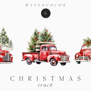 Clipart de Natal em aquarela - Caminhão vermelho aquarela com árvore de Natal - Clipart de Natal PNG - Carro de Natal vintage - Caminhão de Natal