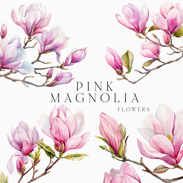 Watercolor Magnolia Clipart - Watercolor Floral clipart png - Pink magnolia flowers twigs clipart png - Magnolia wreaths frames clipart PNG