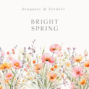 Aquarell Blumen Clipart - Aquarell Hochzeit Clipart - Sommer Wildblumen Blumen Clipart PNG - Pfirsich rosa hell Frühling Blumenrand Set
