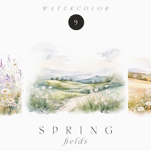 Clipart printemps aquarelle png - clipart paysage de printemps - clipart champ floral printemps - nature prairie aquarelle - usage commercial clipart PNG