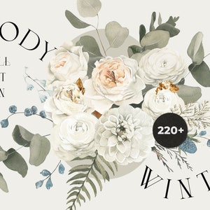 Winter flowers clipart - Watercolor floral clipart - Moody Pale soft muted neutral floral for wedding invite card logo - Digital clipart PNG