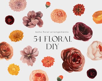 Red autumn flowers watercolor clipart - Floral DIY elements watercolor PNG set - Fall marsala florals leaves for wedding invite frame logo