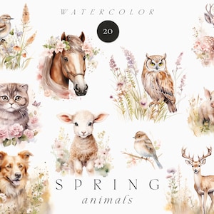 Clipart de animais em aquarela - Aquarela Spring Clipart png - Animais fofos em flores - Guirlanda floral de animais - Clipart de uso comercial