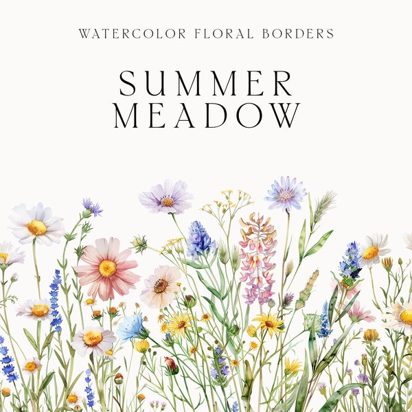Watercolor Floral Clipart - Wildflowers floral clipart PNG - Floral border set - Wildflowers Meadow Wedding clipart - Summer floral borders