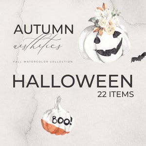 Kolekcja akwareli HALLOWEEN AUTUMN AESTHETICS, straszny zestaw jesiennych świąt, dynie, buczenie, nietoperz, kwiatowy, kwiaty, karty, Cyfrowy Clipart Png