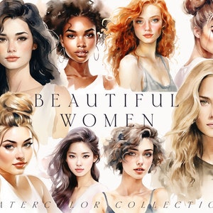 Clipart de mulheres bonitas em aquarela - Clipart de mulheres - Retratos de mulheres - Rosto de mulher em aquarela - Clipart de garotas bonitas - Clipart digital PNG