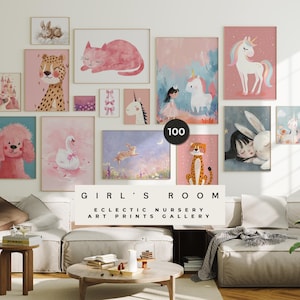 Impressões de arte de parede de quarto de menina - 100 impressões de berçário - Decoração de berçário feminino rosa - Conjunto de pôsteres calmos para bebês e crianças - Galeria de arte digital para impressão na parede
