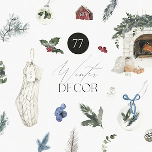 Christmas clipart set - Winter watercolor decor set - Clipart Happy new year noel decorations floral elements for Christmas cards - PNG