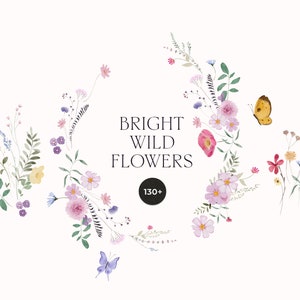 Helle Wildblumen Clipart - Aquarell Wildblumen Clipart png - Bunte Wiesenblumen - Frühling Blumenkränze für Einladungen - Clipart png