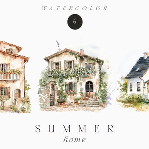 Aquarela Summer Clipart png - Summer Home Clipart - Cenário de casa italiana de verão - Aquarela casa em flores - Clipart de uso comercial PNG