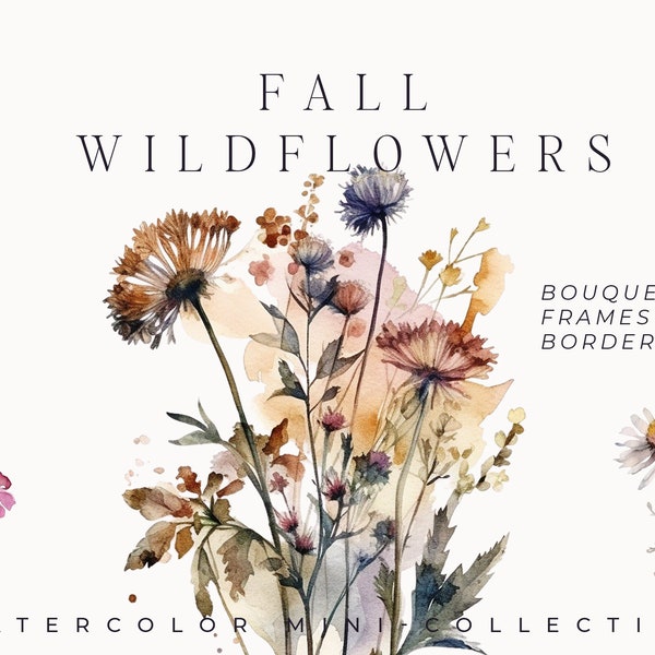 Watercolor Floral Clipart - Fall Wildflowers - Fall floral clipart - Floral border set - Autumn meadow wildflowers - Digital clipart PNG