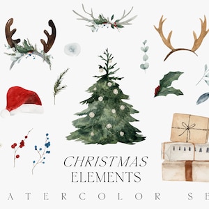 Watercolor Christmas decor clipart - Christmas elements set - Christmas tree floral antlers  - Winter set for cards  - Digital clipart PNG