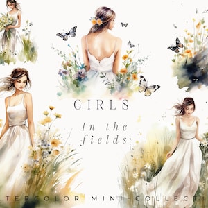 Aquarell Mädchen in den Feldern - Aquarell Hochzeit Clipart png - Aquarell Frauen Blumen - Braut Clipart laden png - Digitale Clipart PNG