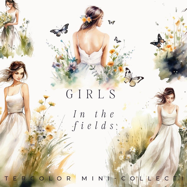 Watercolor Girls in the Fields - Watercolor wedding clipart png - Watercolor women flowers - Bride clipart invite png - Digital clipart PNG