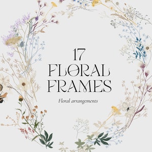 Clipart de molduras florais de campo selvagem - aquarela flores silvestres flores abstratas florais - logotipo do cartão de convite de casamento - clipart digital PNG